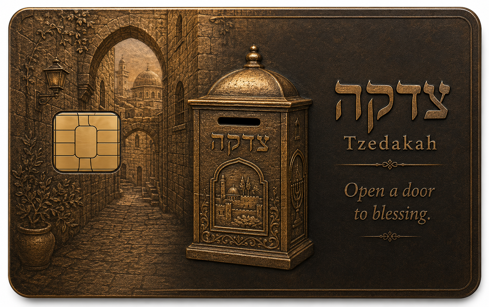 Metal credit card engraved with Jerusalem Old City stone architecture, a charity box, and Hebrew lettering