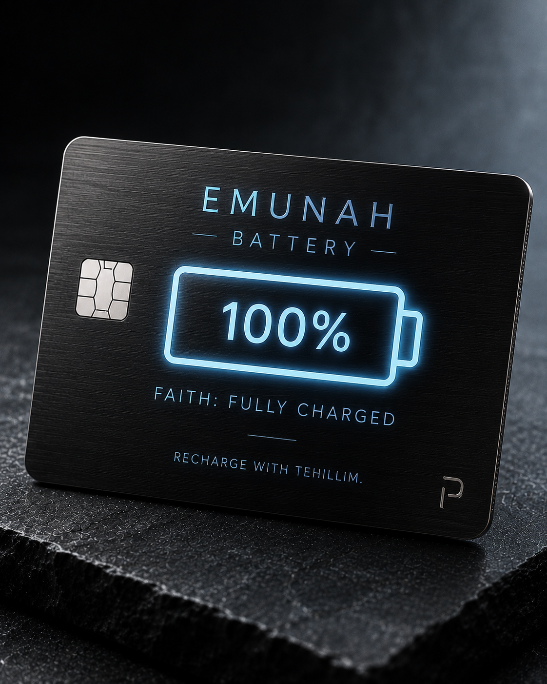Dark metal credit card with a glowing blue battery icon at 100 percent and the tagline Faith: Fully Charged