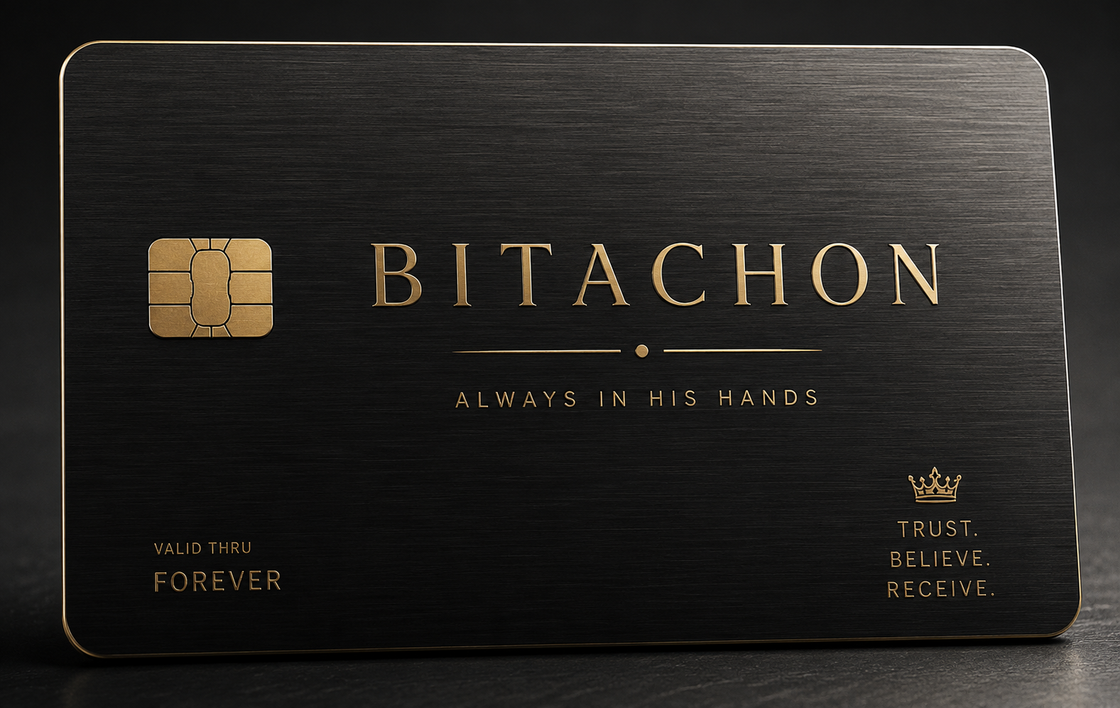 Black metal credit card with a gold crown icon, Hebrew lettering, and the taglines Always in His Hands and Trust. Believe. Receive.