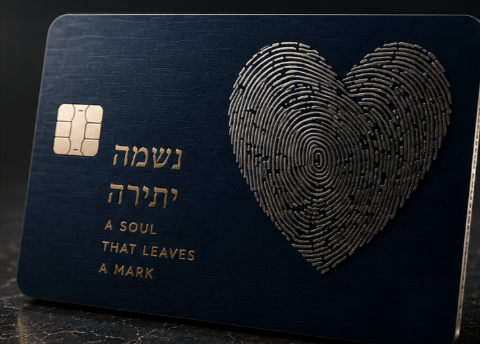 Navy metal credit card with a large fingerprint pattern of concentric lines forming a heart shape and Hebrew lettering