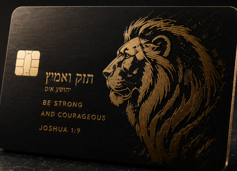 Dark metal credit card with a gold engraved lion head in profile, Hebrew lettering, and the words Be Strong and Courageous Joshua 1:9