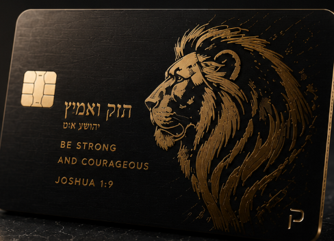 Dark metal credit card with a gold engraved lion head in profile, Hebrew lettering, and the words Be Strong and Courageous Joshua 1:9