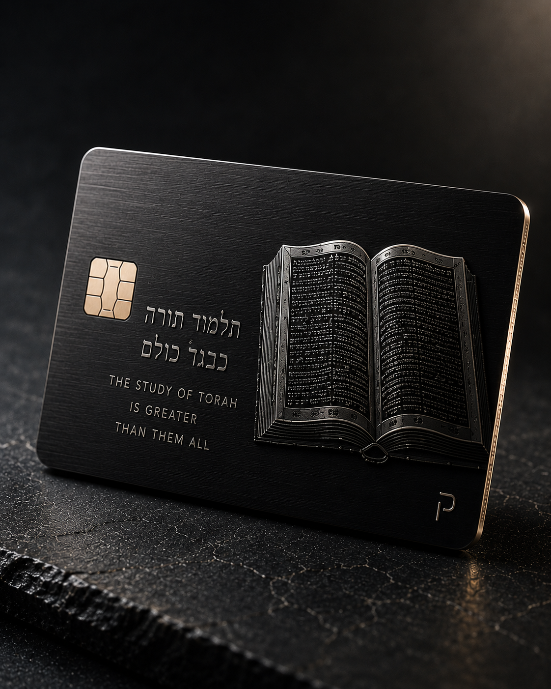 Black metal credit card with a detailed engraving of open Torah pages, Hebrew lettering, and the words The Study of Torah is Greater Than Them All