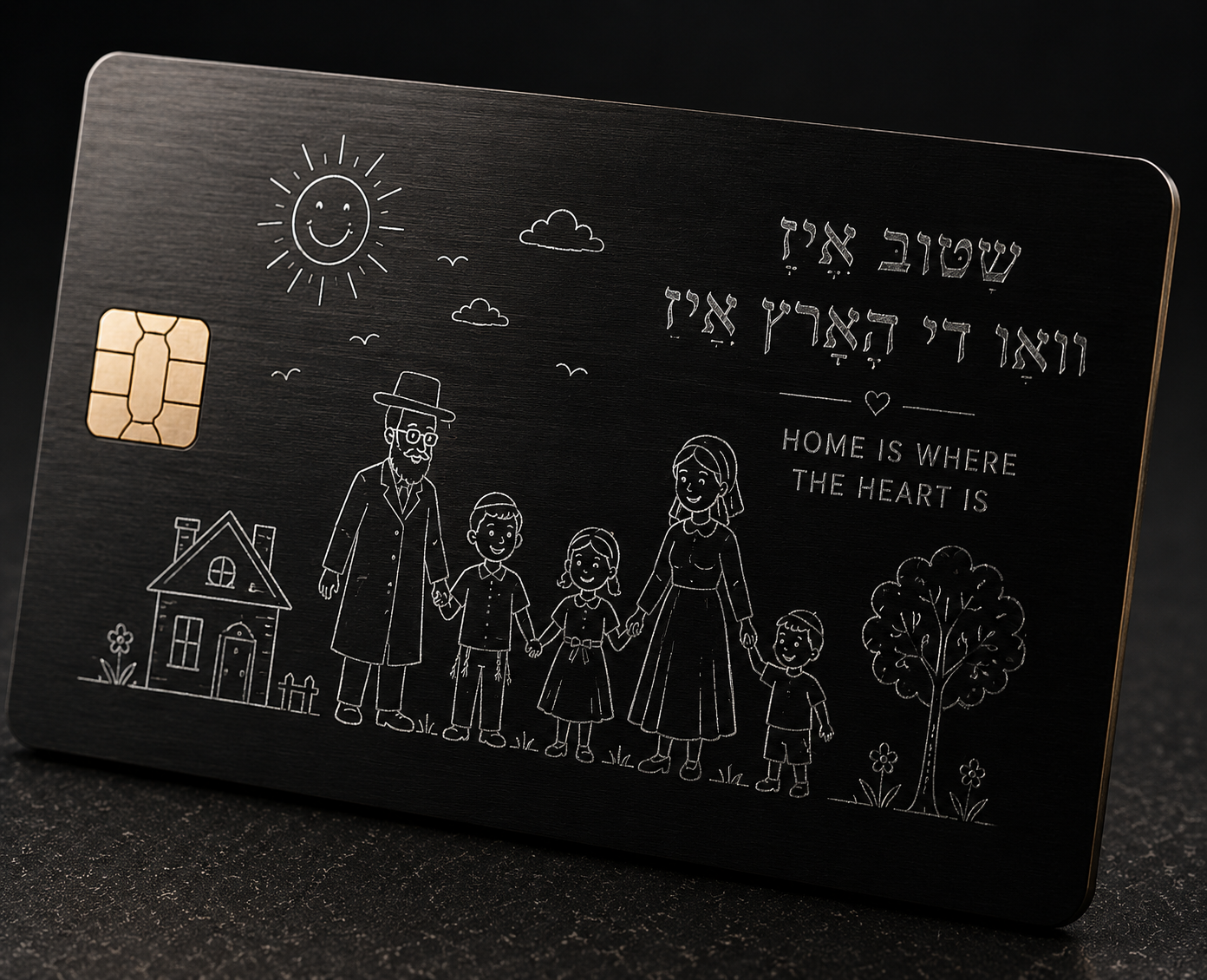 Dark metal credit card with minimalist line art of a family, house, and tree, Hebrew lettering in the corner, and the tagline Home is Where the Heart Is