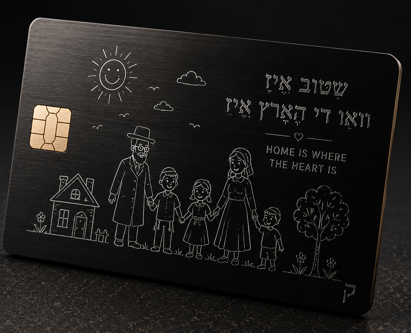 Dark metal credit card with minimalist line art of a family, house, and tree, Hebrew lettering in the corner, and the tagline Home is Where the Heart Is