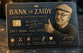 Navy and gold metal credit card with a playful illustrated grandfather portrait and humorous perks like BBQ Expert, Storyteller, and Best Hugs
