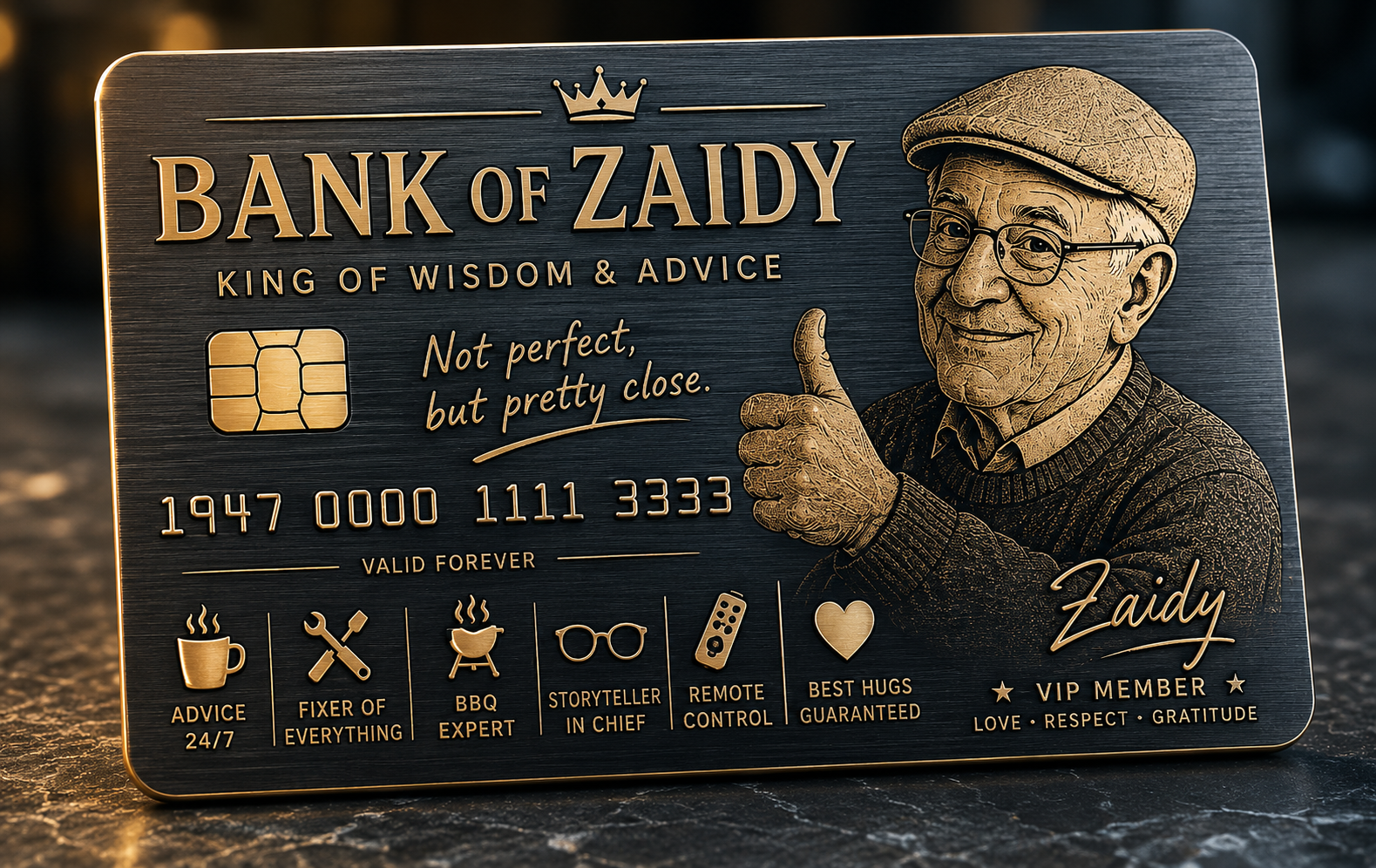 Navy and gold metal credit card with a playful illustrated grandfather portrait and humorous perks like BBQ Expert, Storyteller, and Best Hugs
