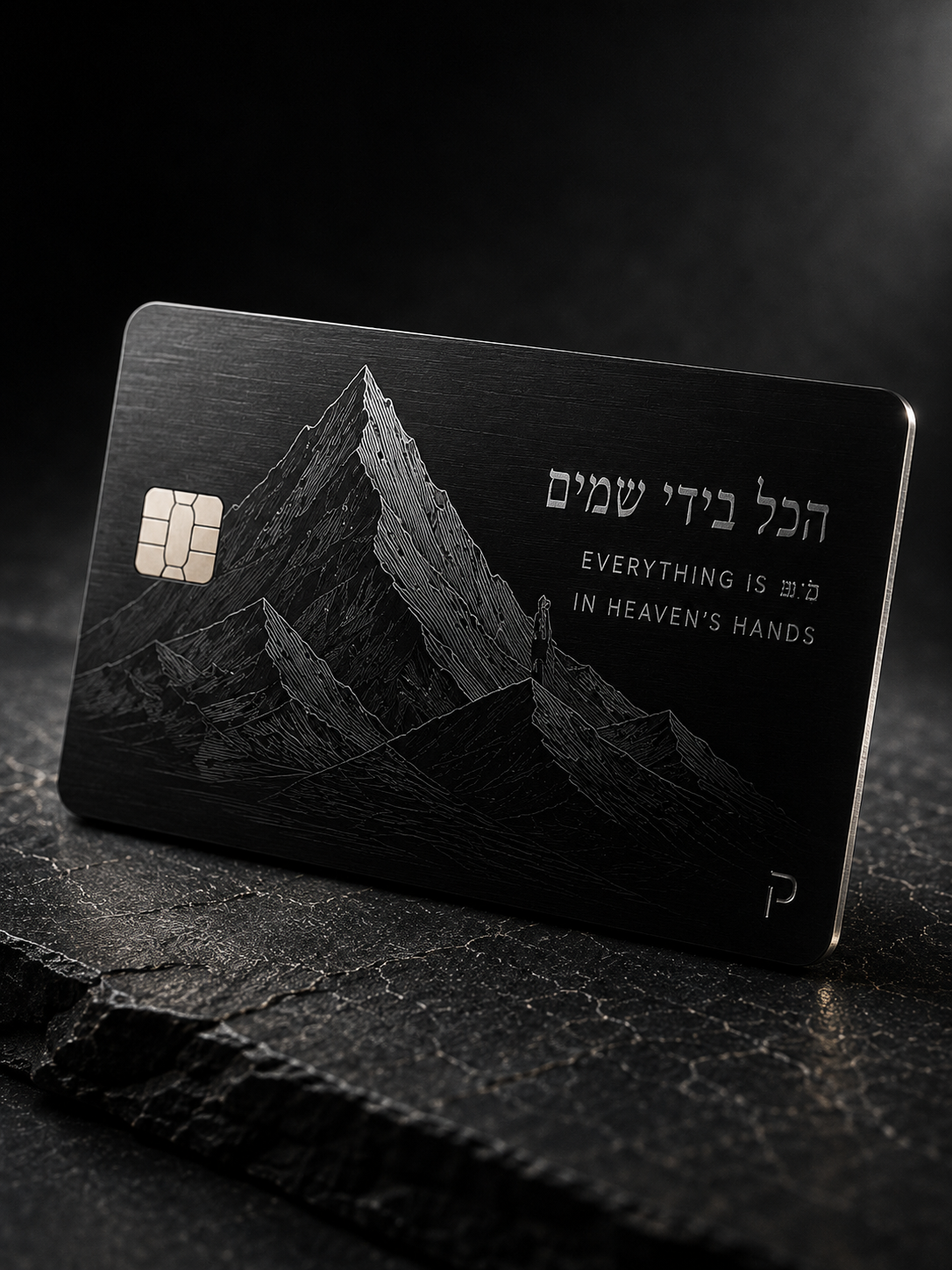 Black metal credit card engraved with a tall mountain landscape, Hebrew lettering, and the tagline Everything is in Heaven's Hands