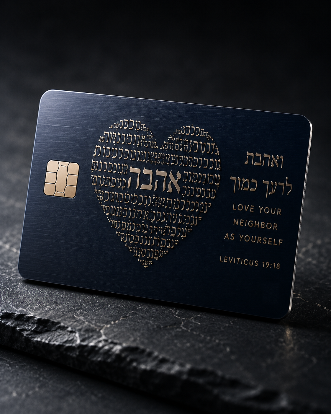 Dark blue metal credit card with a large heart composed of Hebrew letterforms and the words Love Your Neighbor as Yourself