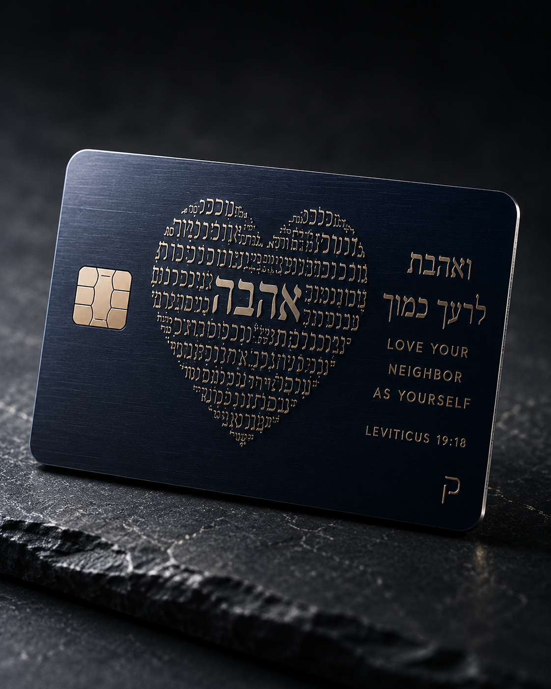Dark blue metal credit card with a large heart composed of Hebrew letterforms and the words Love Your Neighbor as Yourself