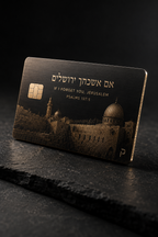 Gold and black metal credit card engraved with the Dome of the Rock and Jerusalem Old City wall with Hebrew lettering