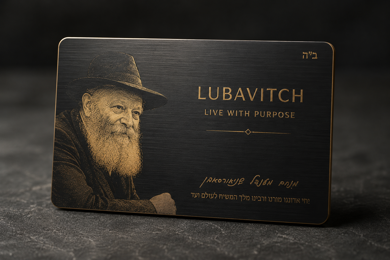 Metal credit card with a warm full-color portrait of the Lubavitcher Rebbe and engraved Hebrew lettering