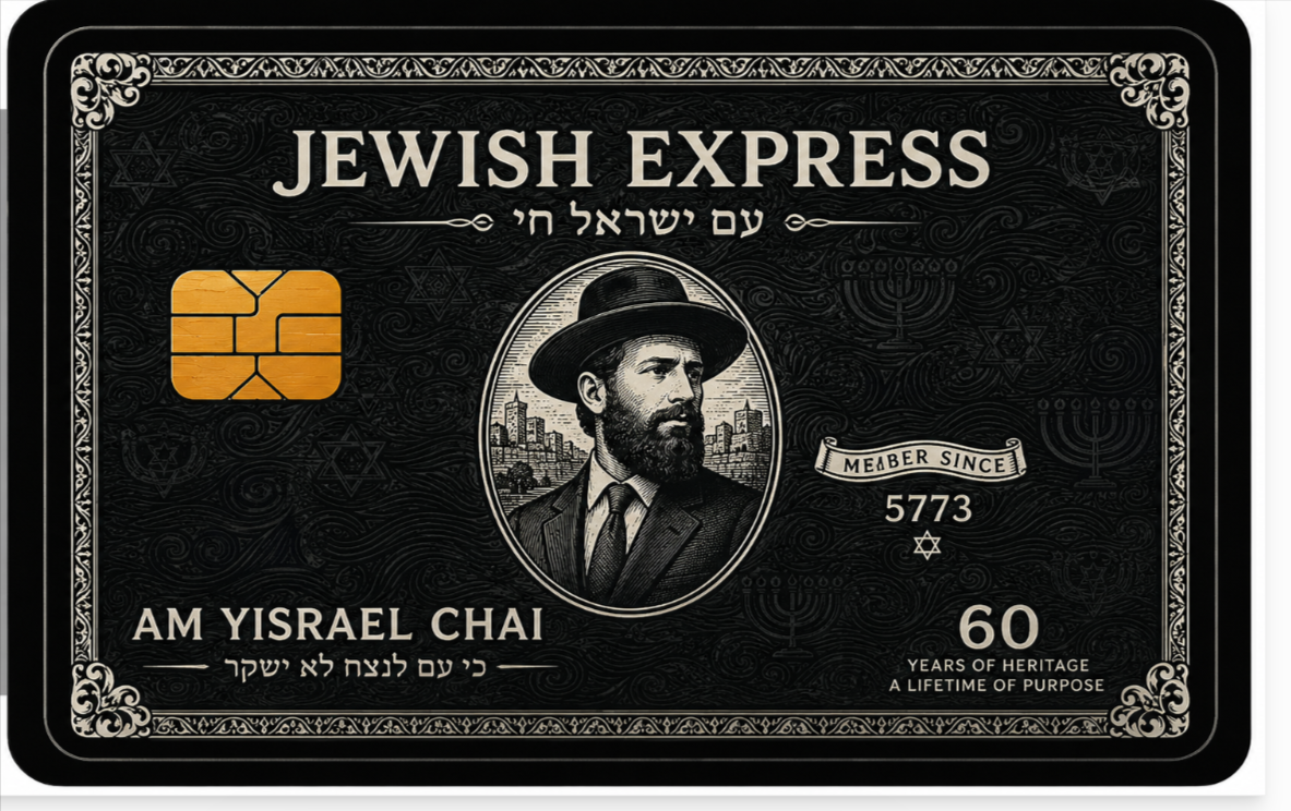 Black and gold metal credit card styled as a heritage membership card with a historical portrait, Hebrew lettering, and the words Member Since 5773