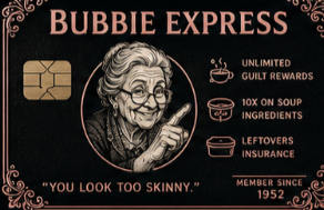 Rose gold metal credit card with a playful illustrated grandmother portrait and humorous rewards like Unlimited Guilt Rewards and 10x on Soup