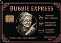 Rose gold metal credit card with a playful illustrated grandmother portrait and humorous rewards like Unlimited Guilt Rewards and 10x on Soup