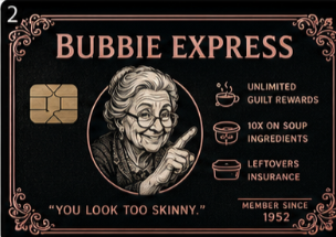 Rose gold metal credit card with a playful illustrated grandmother portrait and humorous rewards like Unlimited Guilt Rewards and 10x on Soup