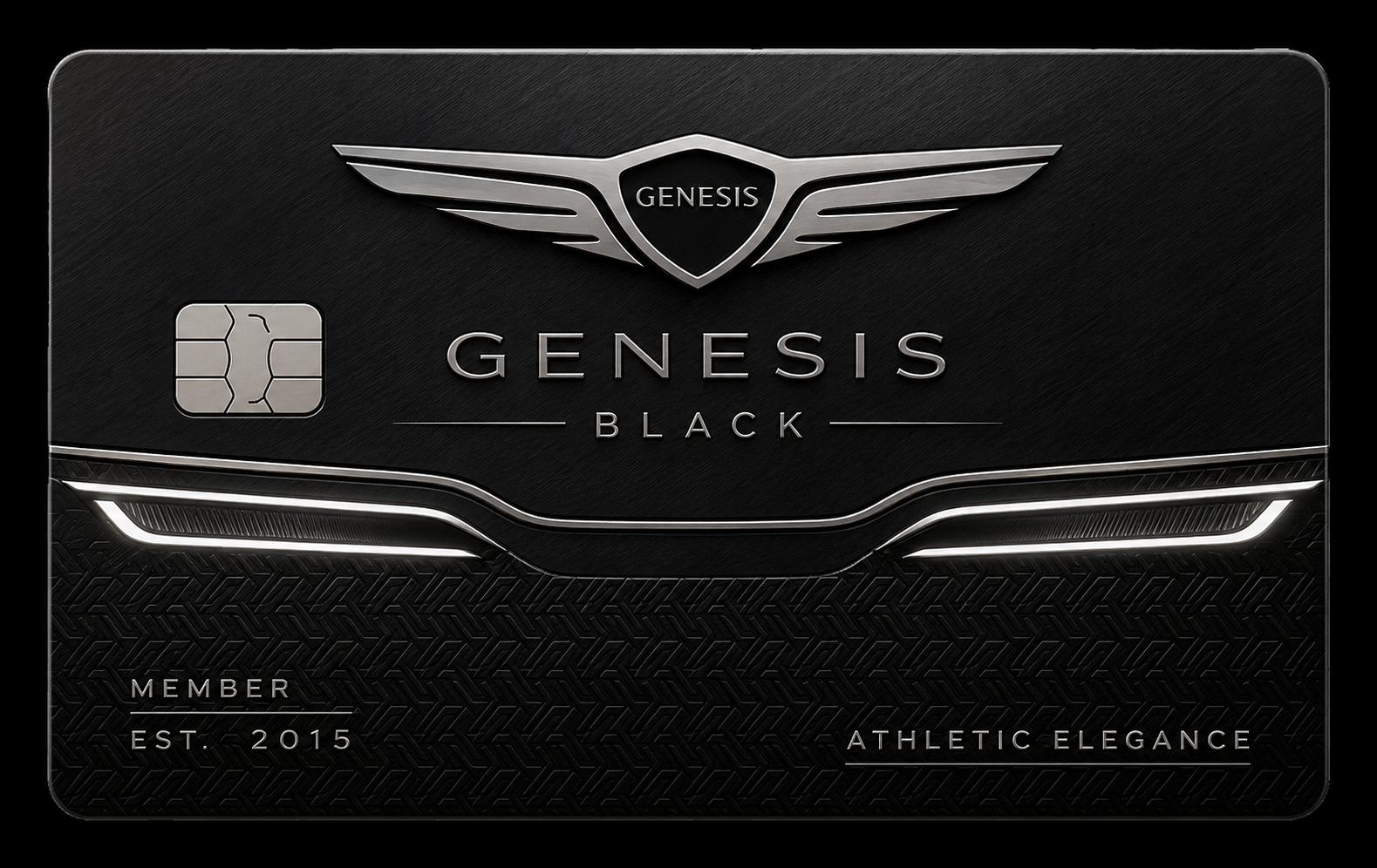 Luxury black metal credit card with a silver winged emblem, the words Genesis Black and Athletic Elegance, and Est. 2015