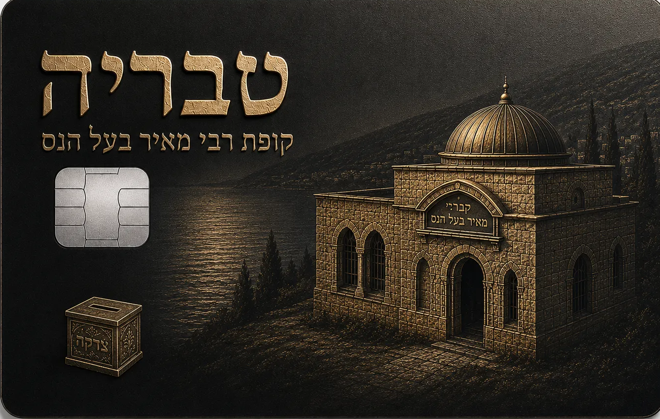 Metal credit card with an engraved arched stone gateway and domed structure of old Jerusalem, gold ornamental detail, and Hebrew lettering