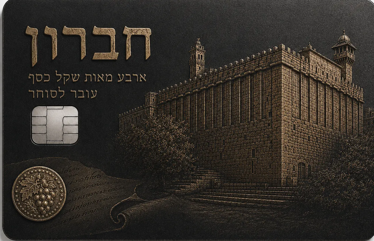 Metal credit card with a detailed engraving of ancient fortified stone walls and structures of old Jerusalem with Hebrew lettering
