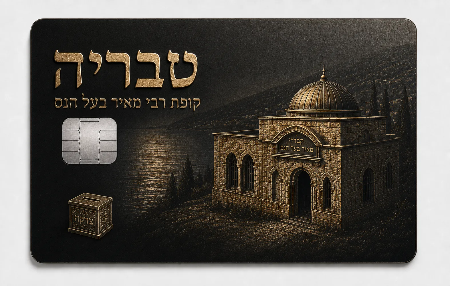 Metal credit card with an engraved arched stone gateway and domed structure of old Jerusalem, gold ornamental detail, and Hebrew lettering