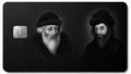 Black metal credit card with two engraved black-and-white portraits of bearded rabbis in traditional fur hats, side by side