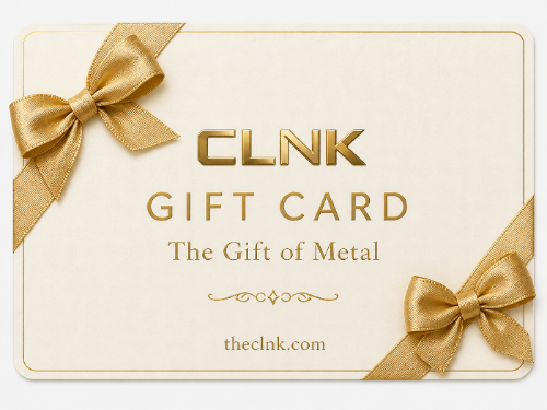 CLNK gift card with gold ribbons on a white background