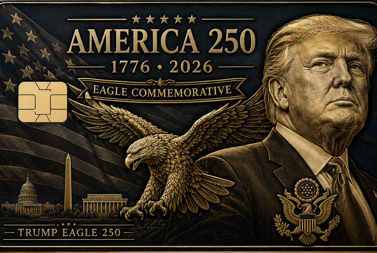 Commemorative metal credit card with a presidential profile portrait, an eagle, the Capitol building, and Trump Eagle 250 Eagle Commemorative lettering