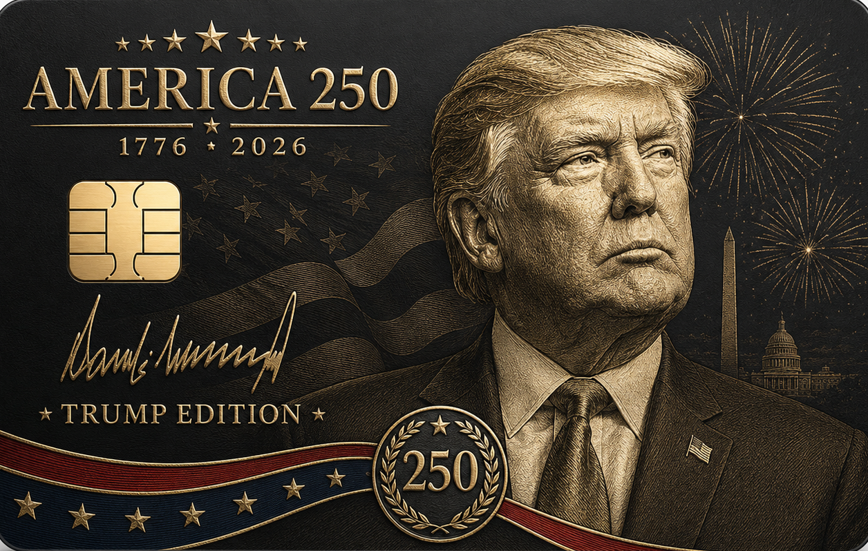 Commemorative metal credit card with a presidential profile portrait, Capitol dome, presidential seal, signature, and Trump Edition America 250 1776-2026 lettering