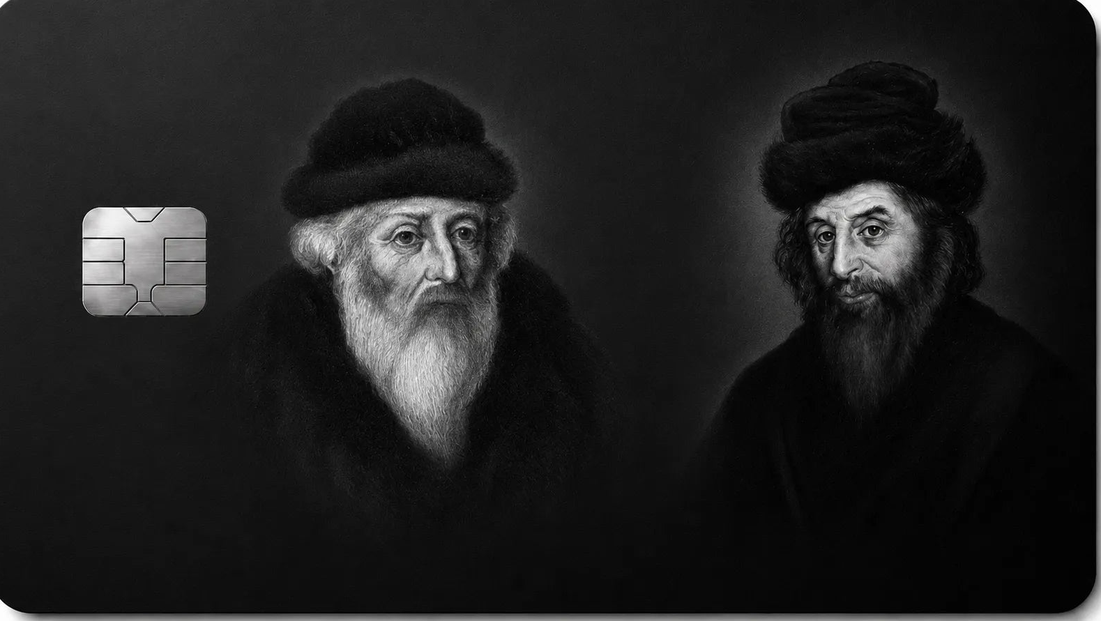 Black metal credit card with two engraved black-and-white portraits of bearded rabbis in traditional fur hats, side by side