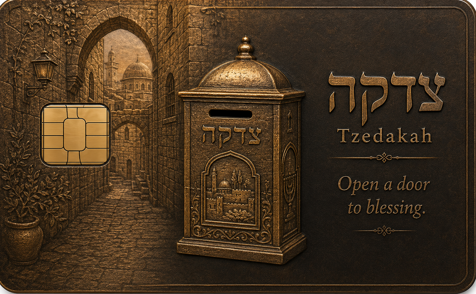 Metal credit card engraved with an ornate tzedakah pushka charity box, Jerusalem Old City stone alley, and Hebrew lettering